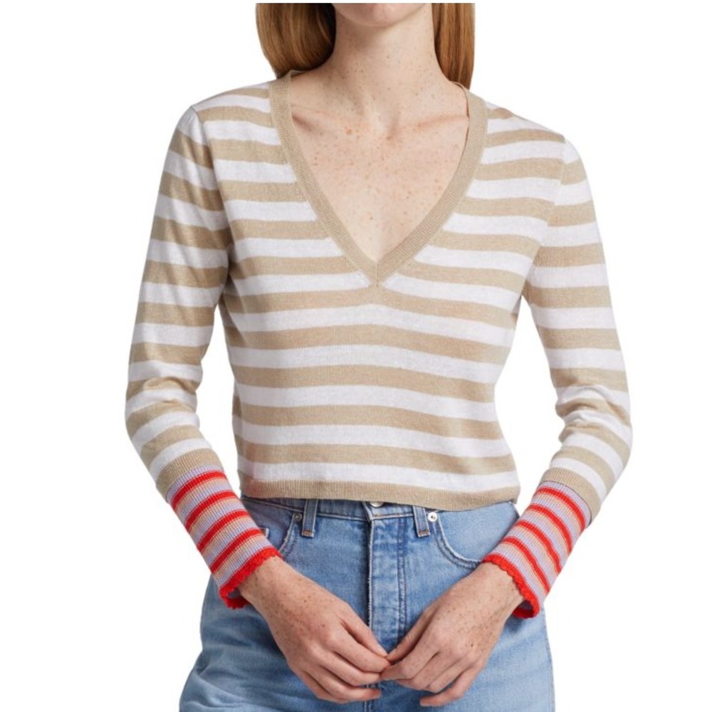 Veronica Beard Florrie Striped V Neck Sweater Linen Cuff Detail Tan‎ White XS